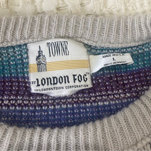 Vintage 90s London Fog Abstract Blue Purple Lines Striped Sweater Men’s Large - Picture 4 of 7